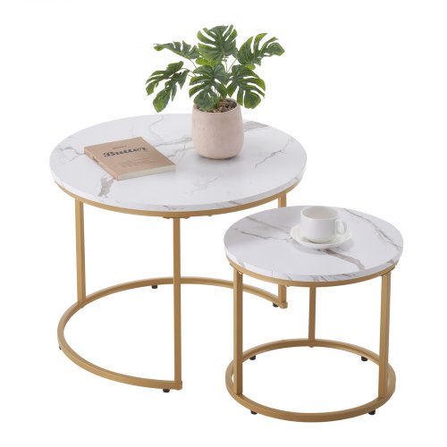

Nesting Coffee Table Set of 2 Round Coffee Table 23.6 in (White & Gold)