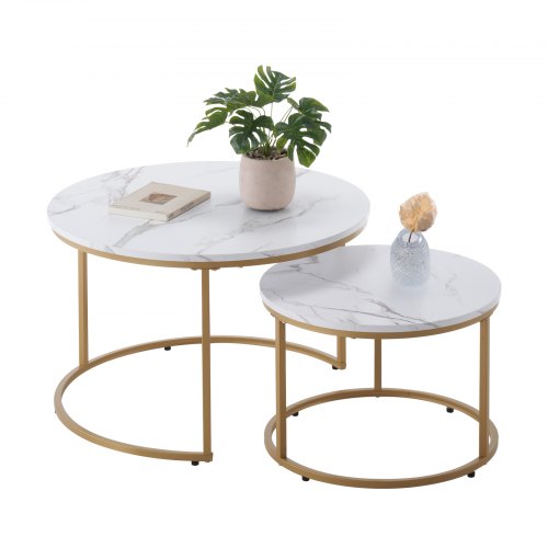 

Nesting Coffee Table Set of 2 Round Coffee Table 27.6 in (White & Gold)