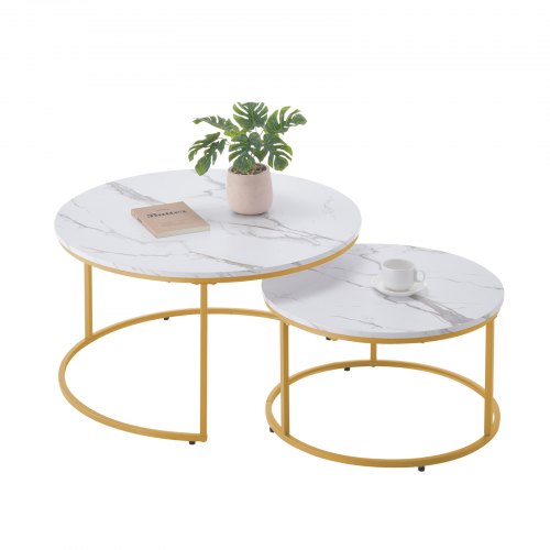 

VEVOR Nesting Coffee Table Set of 2, 800 mm Round Coffee Table, Nesting Tables for Small Place, Vintage End Side Tables Night Stand with Metal Frame, for Living Room, Bedroom, Office (White & Gold)