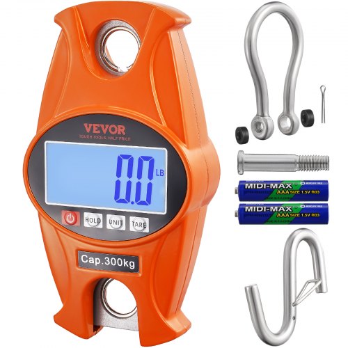 

VEVOR Digital Crane Scale, 660 lbs/300 kg, Industrial Heavy Duty Hanging Scale with Cast Aluminum Case & LCD Screen, Handheld Mini Crane with Hooks for Farm, Hunting, Fishing, Outdoor, Garage (Orange)