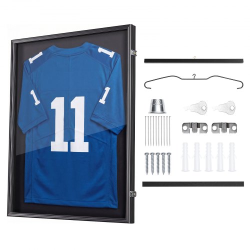 VEVOR Jersey Frame Display Case, 35.4 x 27.6 x 1.5 in, Lockable Wooden Sport Jersey Shadow Box with 98% UV Protection PC Panel and Hanger, for Basebal-image-010134772443