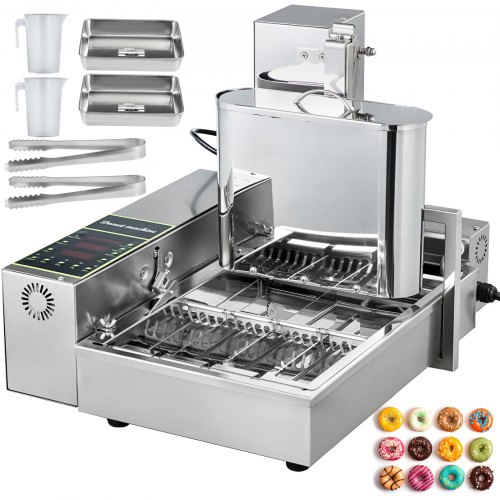 VEVOR 110V Commercial Automatic Donut Making Machine, 4 Rows Auto Doughnut Maker with 5.5L Hopper, Adjustable Thickness Fryer, Intelligent Control Panel, 304 Stainless Steel, Silver