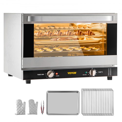 VEVOR Commercial Convection Oven, 47L/43Qt, Half-Size Conventional Oven Countertop, 1600W 4-Tier Toaster w/ Front Glass Door, Electric Baking Oven w/ Trays Wire Racks Clip Gloves, 120V, ETL Listed RFXHLM40L110V9SYSV1