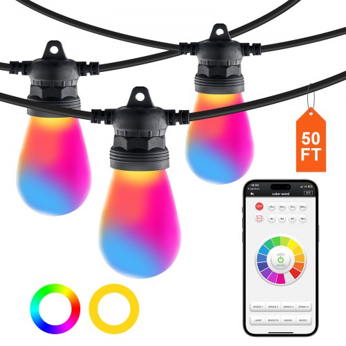 

VEVOR 50FT RGB Outdoor String Lights Patio Waterproof Lights with APP Control