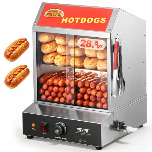 

VEVOR Hot Dog Steamer, 28.5QT, 2-Tier Hot Dog Hut Steamer, 86℉~185℉ Temperature Control, Electric Bun Warmer with Tempered Glass Slide Doors Partition Plate Tong, Stainless Steel, for Hot Dogs & Buns