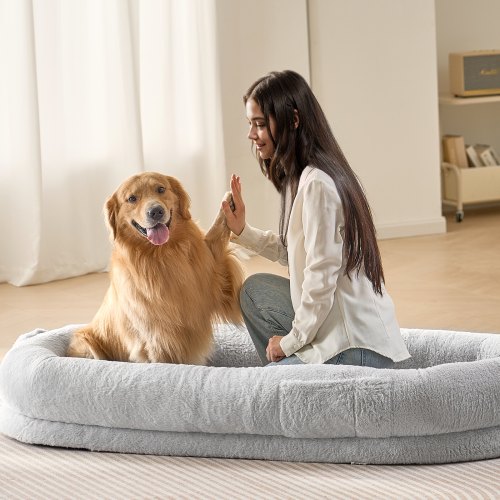 

VEVOR Human Dog Bed, 67.7"x35"x9.8" Human Dog Bed for Adult, Human Size Dog Bed with Washable Faux Rabbit Fur Cover, Egg Orthopedic Foam, Storage Pocket, Large Dog Bean Bed, Light Grey