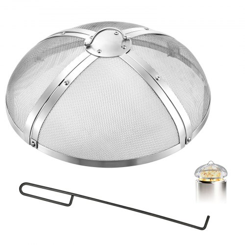 Vevor Fire Pit Spark Screen, 19 inch Round, Stainless Steel Mesh Cover Lid, for Outdoor, Patio, Backyard, Camping, Party, with Handle and Poker, High Temperature Tolerant, Help Block Sparks, Silver