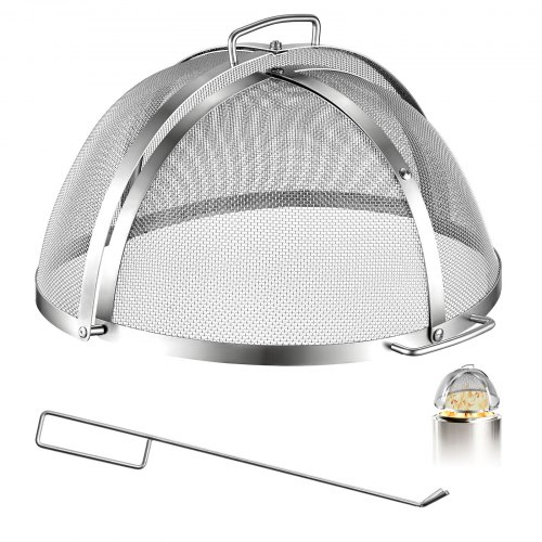 Vevor Fire Pit Spark Screen, 19 inch Dome, Stainless Steel Mesh Cover Lid, for Outdoor, Patio, Backyard, Camping, Party, with Handles and Poker, High Temperature Tolerant, Help Block Sparks, Silver