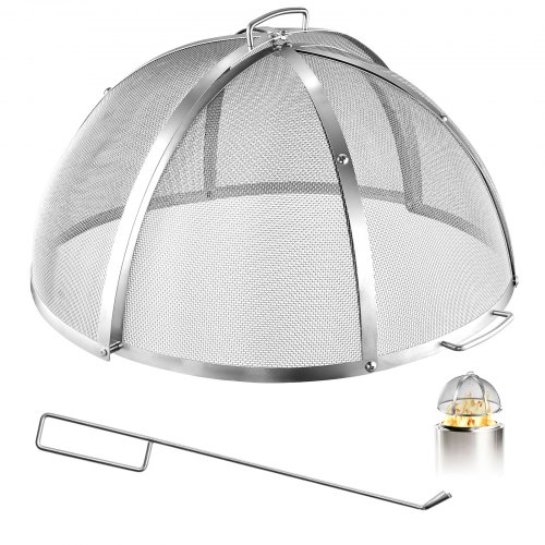 VEVOR Fire Pit Spark Screen, 26 inch Dome, Stainless Steel Mesh Cover Lid, for Outdoor, Patio, Backyard, Camping, Party, with Handles and Poker, High Temperature Tolerant, Help Block Sparks, Silver