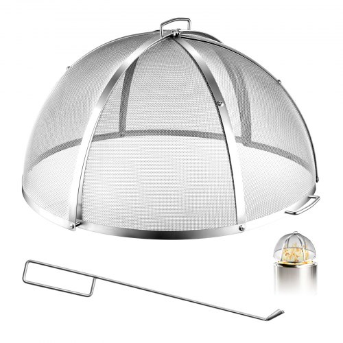VEVOR Fire Pit Spark Screen, 30 inch Dome, Stainless Steel Mesh Cover Lid, for Outdoor, Patio, Backyard, Camping, Party, with Handles and Poker, High Temperature Tolerant, Help Block Sparks, Silver