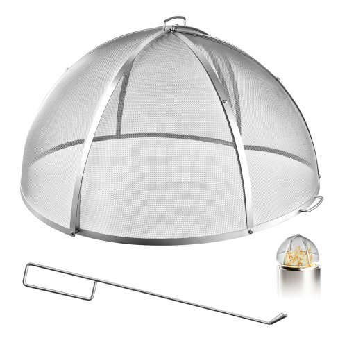 VEVOR Fire Pit Spark Screen, 40 inch Dome, Stainless Steel Mesh Cover Lid, for Outdoor, Patio, Backyard, Camping, Party, with Handles and Poker, High Temperature Tolerant, Help Block Sparks, Silver