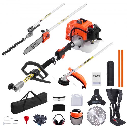 

VEVOR Gas Hedge Trimmer, 2 Cycle Gas Power Handheld Hedge Trimmer, 5-in-1 63cc Cordless Weed Eater with Protective Gear Set, Includes Hedge and String Trimmer, Brush Cutter(3T & 40T Blades), Pole Saw
