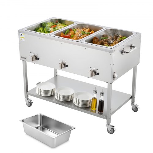 VEVOR 3-Pan Commercial Propane Steam Table, LP Gas Outdoor Soup Warmer with Drain Valve and 3" Wheels, Stainless Steel Propane Food Warmer with Independent Temp Control, for Restaurant Outdoor Camping RQZQZLDKDLKZTRZF9001V0