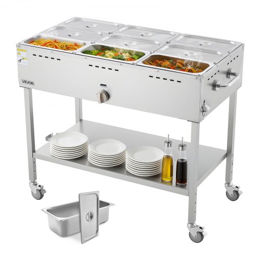 

VEVOR 9-Pan Commercial Propane Steam Table, LP Gas Outdoor Soup Warmer with Drain Valve and 3" Wheels, Stainless Steel Propane Food Warmer with Adjustable Temperature, for Restaurant Outdoor Camping