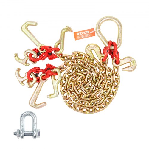 VEVOR G80 V Bridle Chain, 5/16" x 3' Towing Chain Bridle with R Hooks, T Hooks, J Hooks and Grab Hooks, Transport Tow Chain Bridle with 10800 lbs Safe Working Load for Flatbed Truck Wrecker Recovery