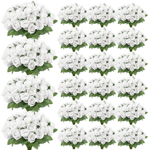 VEVOR Artificial Flowers Bulk White Roses 500 PCS Silk Faux Flowers Stems, for Vase, Table Centerpieces, Weddings, Parties, Bouquets, Home Decor and DIY Floral Arrangements, Realistic Fake Flower