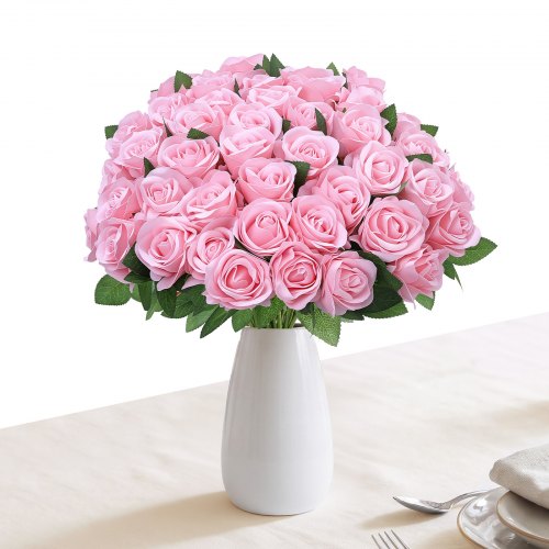 VEVOR Artificial Flowers Bulk Pink Roses 60 PCS Silk Faux Flowers Stems, for Vase, Table Centerpieces, Weddings, Parties, Bouquets, Home Decor and DIY Floral Arrangements, Realistic Fake Flower
