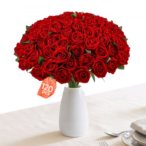 VEVOR Artificial Flowers Bulk Red Roses 120 PCS Silk Faux Flowers Stems, Realistic Fake Flower for Vase, Table Centerpieces, Weddings, Parties, Bouquets, Home Decor and DIY Floral Arrangements