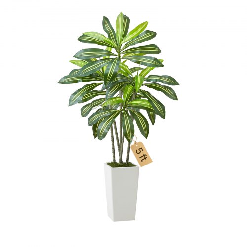 VEVOR Artificial Dracaena Tree 5 ft, Fake Palm Tropical Plants with White Tall Planter, Faux Floor Silk Plant in Pot, Large Trees for Home Office Living Room Decor House Warming, Indoor Outdoor