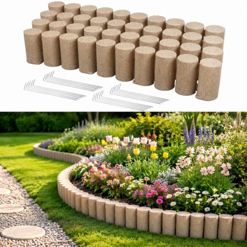 

VEVOR Faux Wood Landscape Edging, 13.7 ft Kit, No Dig Garden Edging Border, Blocks for Lawn, Flower Beds, Pathways, Yards, 4 Pack Each Section Has 10 Logs 41.14"L x 3.74"W x 7.48"H, 32 Spikes, Beige