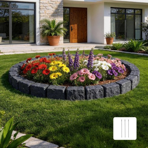

VEVOR Faux Stone Landscape Edging, 46.85" Kit, No Dig Garden Edging Border, Blocks for Lawn, Flower Beds, Yards, 1 Pack Each Section Has 6 Bricks 46.85"L x 3.94"W x 6.1"H, 3 Spikes, Charcoal Black