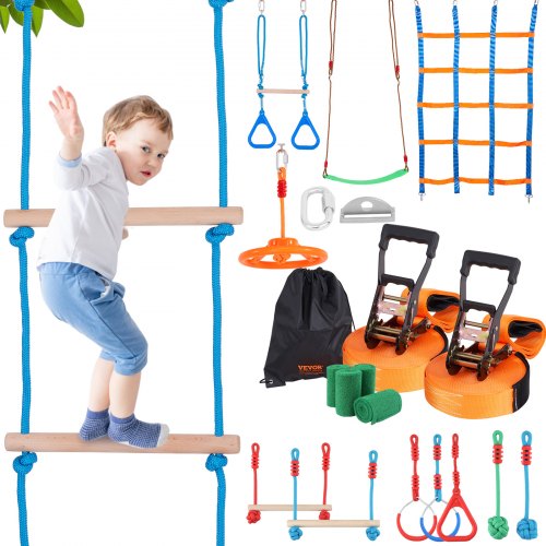 

VEVOR Ninja Warrior Obstacle Course for Kids, 2 x 15.24 m Weatherproof Slacklines, 228kg Weight Capacity Monkey Line, Outdoor Playset Equipment, Backyard Toys Training Equipment Set with 12 Obstacles