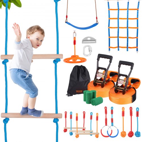 

VEVOR Ninja Warrior Obstacle Course for Kids, 2 x 17m Weatherproof Slacklines, 227kg Weight Capacity Monkey Line, Outdoor Playset Equipment, Backyard Toys Training Equipment Set with 12 Obstacles