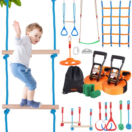

VEVOR Ninja Warrior Obstacle Course for Kids, 2 x 19.8m Weatherproof Slacklines, 500lbs Weight Capacity Monkey Line, Outdoor Playset Equipment, Backyard Toys Training Equipment Set with 12 Obstacles