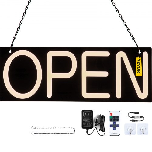 VEVOR LED Open Sign, 20" x 7" Neon Open Sign for Business, Adjustable Brightness Wram White Neon Lights Signs w/Remote Control and Power Adapter, for Restaurant, Bar, Salon, Shop, Hotel, Window, Wall