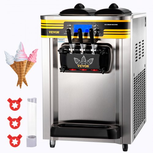 VEVOR Commercial Ice Cream Maker, 22-30L/H Yield, Countertop Soft Serve Machine with 2x6L Hopper 2L Cylinder LCD Panel Puffing Shortage Alarm, Frozen