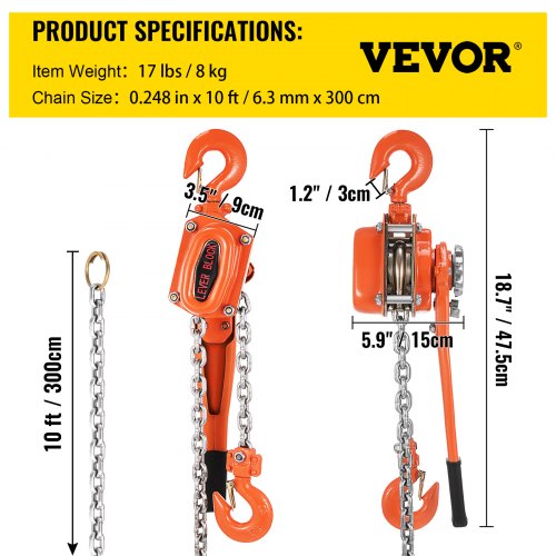 0.75T Mini Lever Chain Hoist With 15FT Chain Puller Durable Safety Latches 