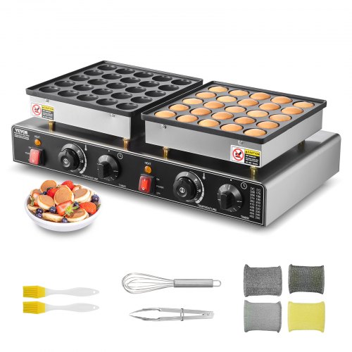 VEVOR 50PCS Mini Dutch Pancake Maker, Non-stick Stainless Steel Dorayaki Baker, 1800W Commercial Electric Poffertjes Grill Pan, Dual Temp & Time Control, for Kitchen Restaurant Breakfast Dessert SBJNP-543-50X0001002V1