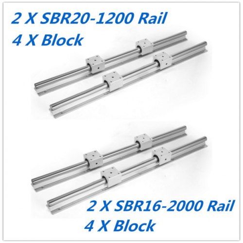 2 Set SBR20-1200mm 20mm Fully Supported Linear Rail Shaft Rod With 4 SBR20UU + SBR16-2000mm Linear Slide Guide 16mm Shaft 2 Rail With 4SBR16UU Bearing Block CNC
