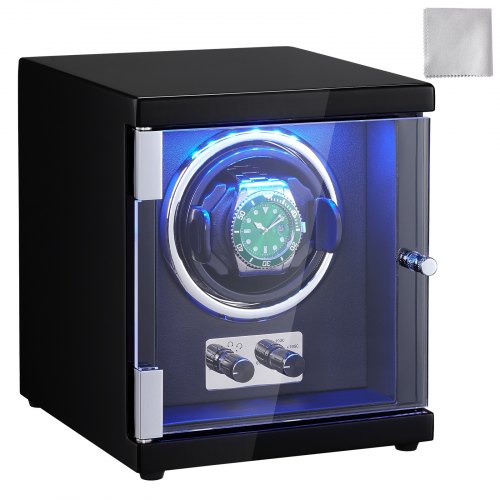 

VEVOR Watch Winder, Single Watch Winder for Men's and Women's Automatic Watch, with Super Quiet Japanese Mabuchi Motor, Blue LED Light and Adapter, High-Density Board Shell and Black PU