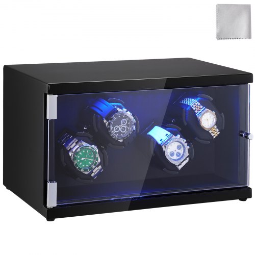 

VEVOR Watch Winder, Watch Winder for 4 Men's and Women's Automatic Watches, with 2 Super Quiet Japanese Mabuchi Motors, Blue LED Light and Adapter, High-Density Board Shell and Black PU