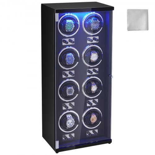 

VEVOR Watch Winder, Watch Winder for 8 Men's and Women's Automatic Watches, with 8 Super Quiet Japanese Mabuchi Motors, Blue LED Light and Adapter, High-Density Board Shell and Black PU
