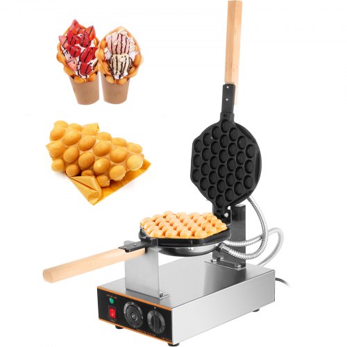 VEVOR Commercial Bubble Waffle Maker, 1400W Egg Bubble Puff Iron W/ 180° Rotatable 2 Pans & Wooden Handles, Stainless Steel Baker W/ Non-Stick Teflon