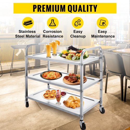 3 Shelf Utility Cart Kitchen Stainless Serving Cart Rolling Utility Dolly Food 