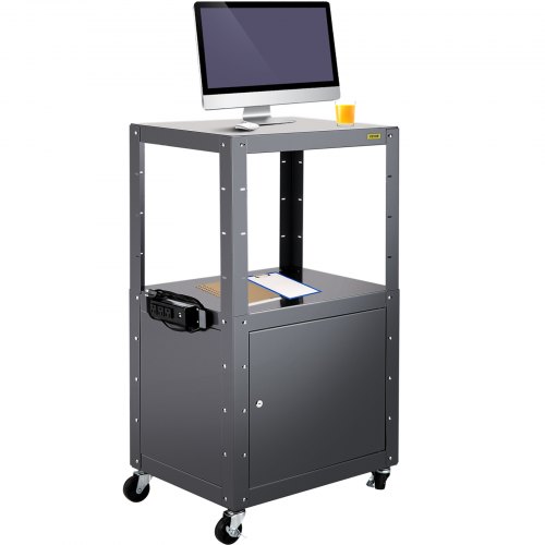 VEVOR AV Cart, 26-41" Height Media Cart with Power Strip, 25 x 18 Presentation Cart with Locking Cabinet, 4 Rolling Casters and 2 Locking Brakes, 150 lbs Heavy-Duty AV Cart Fit for Office and School
