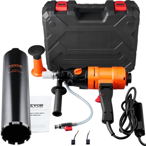 

VEVOR Diamond Core Drilling Machine, 4in Handheld Wet Concrete Core Drill Rig, 1100-2400RPM Two Speed & 1-1/4" Thread & 2 Bubble Levels, 3-4in Drilling Diameter for Concrete Brick Block Stone, 1500W