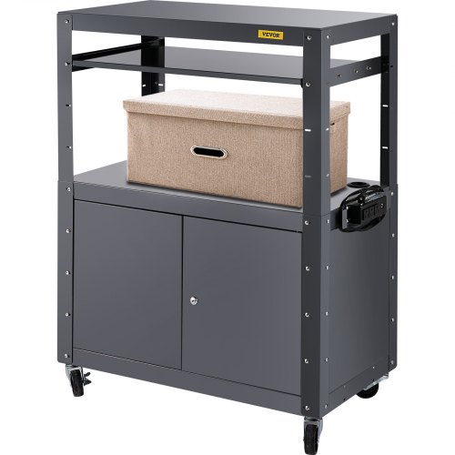 VEVOR AV Cart, 27-41" Height Media Cart with Power Strip, 33 x 18" Presentation Cart with Locking Cabinet, Keyboard Tray and 2 Locking Brakes, 150 lbs Heavy-Duty AV Cart Fit for Office and School