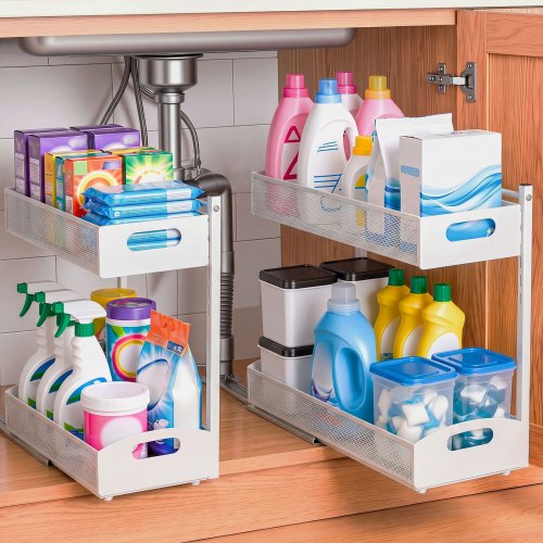

VEVOR Under Sink Organizer, 2 Pack 2-Tier Pull Out Cabinet Organizer with 4-Level Height Adjustment, Metal Slide Out Shelf, Multi-Purpose Cabinet Organizers and Storage for Bathroom & Kitchen, White