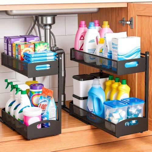 

VEVOR Under Sink Organizer, 2 Pack 2-Tier Pull Out Cabinet Organizer with 4-Level Height Adjustment, Metal Slide Out Shelf, Multi-Purpose Cabinet Organizers and Storage for Bathroom & Kitchen, Black