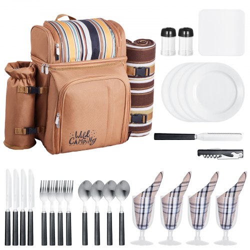 

VEVOR Beach Picnic Backpack Bag for 4 Person with Cooler Compartment Brown