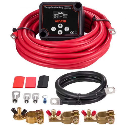 VEVOR Dual Battery Isolator Kit, 12V 140 Amp 20 ft 6AWG, Manual and Automatic VSR Voltage Sensitive Relay with Voltmeter, LCD Screen, Smart Battery Is-image-010869564740