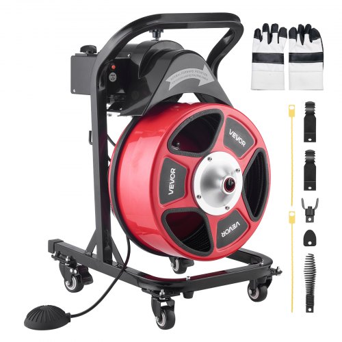 

VEVOR Drain Cleaner Machine 15m x 13mm, Manual Feed Sewer Snake Auger on Wheels - with 4 Cutters & Air-activated Foot Switch for 50mm to 150mm Pipes