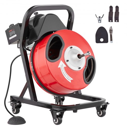 VEVOR Rohrreinigungsmaschine 50 FT x 1/2 Zoll, manuelle Rohrreinigungsmaschine mit Rädern, 4 Schneidern und luftaktiviertem Fußschalter für Rohre von 2 bis 4 Zoll
