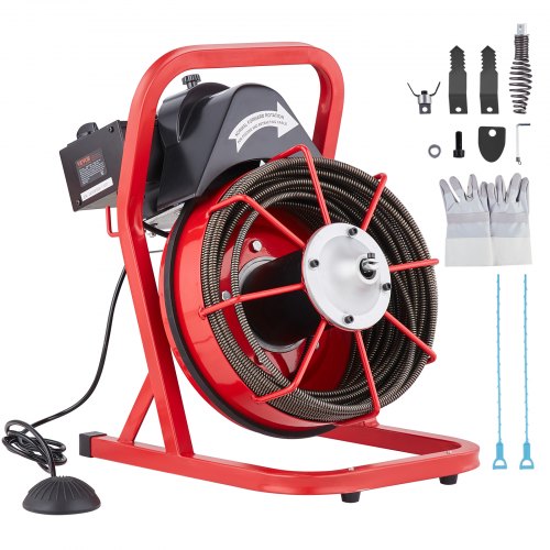 VEVOR Rohrreinigungsmaschine φ10,5 mm x 23 m, Reinigungsspirale mit Manueller Zufuhr, 4 Schneidmessern & Pneumatischem Fußschalter, Reiniger für Rohre von 50 mm bis 100 mm, Rohrreinigungsgerät