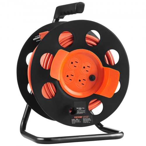 

VEVOR Extension Cord Reel, 100FT, with 4 Outlets and Dust Cover, Heavy Duty 14AWG SJTOW Power Cord, Manual Cord Reel with Portable Handle Circuit Breaker, for Toolshed Garage, Tested to UL Standards