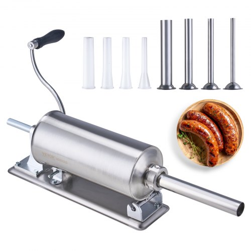 

VEVOR Manual Sausage Stuffer, 2.5 L / 6 LBS Horizontal Sausage Machine with U-type Clamp, Made of Food-Grade Stainless Steel, Includes 8 Stuffing Tubes, for Home Kitchen Restaurant Commercial